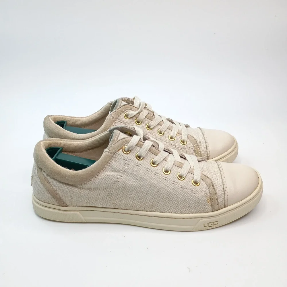 UGG Womens Canvas Leather Toe Low Top Sneakers Cream‎ Tan Lace Up Shoes